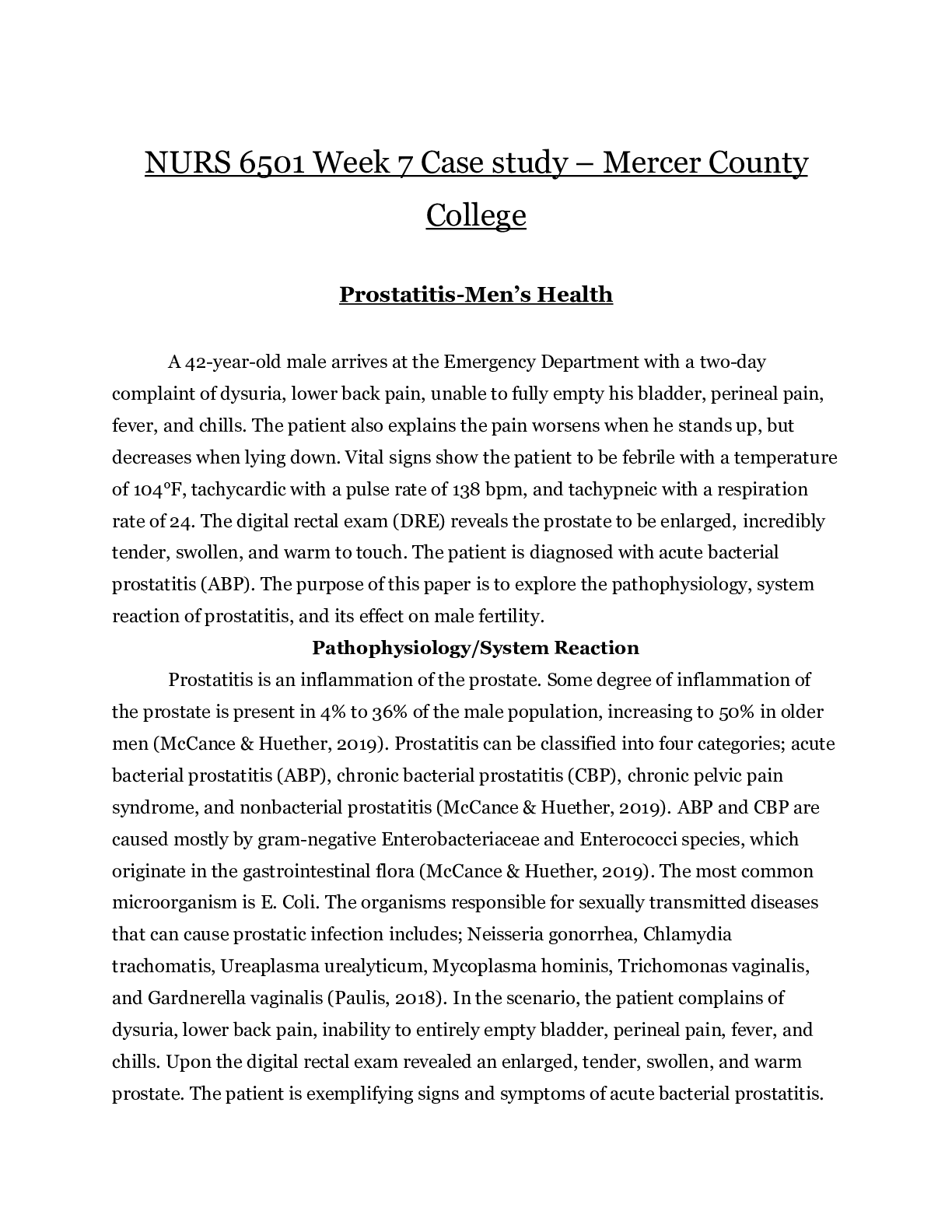 Preview image for NURS 6501 Week 7 Case study _ 2020 | NURS6501  _ Prostatitis-Men’s Health